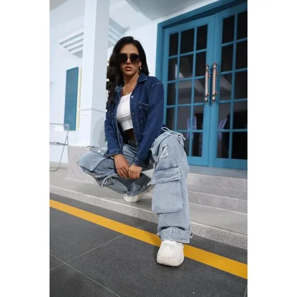 Women’s Baggy Cargo Jeans Cotton High Waist Streetwear Casual Y2K - Picture 3 of 5